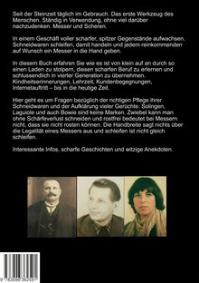 Text über Schneidwaren und deren Pflege, Geschichten und Anekdoten. Drei historische Porträtfotos unten.