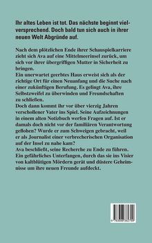 Ein Text auf hellblauem Hintergrund beschreibt Avas Neuanfang auf einer Mittelmeerinsel und eine gefährliche Entdeckung.