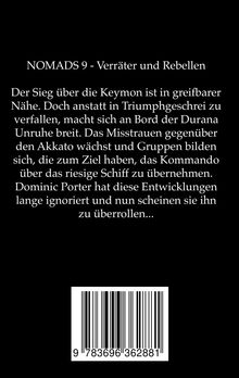 Titel: NOMADS 9 - Verräter und Rebellen. Ein Textblock über Intrigen und Unruhen an Bord eines Schiffes. Darunter ein Barcode.