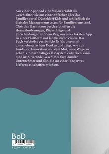 Text über Vision einer App, die zu einem Familienportal wurde. Preisangaben: €23.99, CHF 34.50. Unten: BoD-Logo.