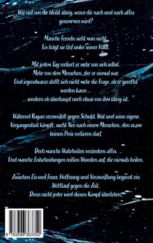 Ein Text auf dunklem Hintergrund mit blauen und weißen Spritzern, der Fragen über Verlust, Identität und Zeit stellt.