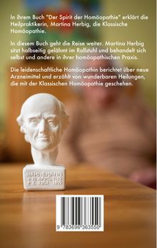 Texte über ein Buch zur Homöopathie von Martina Herbig. Eine weiße Büste von Hahnemann auf einem Tisch. Strichcode.