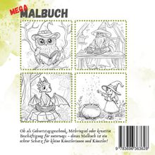 Mega Malbuch. Ein Malbuch ist ein echter Schatz für kleine Künstlerinnen und Künstler. Illustrationen: Eule, Zauberer, Drache, Hexe.