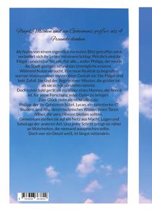 Ein hellblauer Himmel mit einigen Wolken. Oben steht: "Flügel, Visionen und ein Geheimnis größer als 4 Freunde denken". Darunter eine spannende Buchbeschreibung über Nalyas Abenteuer. 