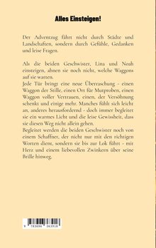 "Alles Einsteigen!" Oben in Schwarz. Ein Text über den Adventszug folgt, der Gefühle und Überraschungen beschreibt. Beige Hintergrund.