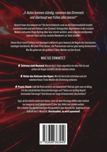 „E-Autos brennen ständig, ruinieren das Stromnetz und überhaupt war früher alles besser!“  
Der Hintergrund ist dunkel mit roten und blauen Lichtstreifen. Ein Barcode ist unten abgebildet.
