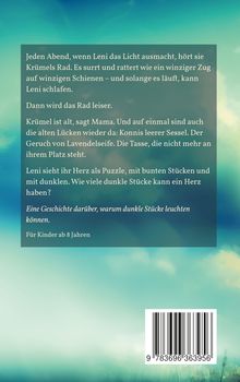 Ein Text erzählt von Leni, die nachts Krümels Rad hört. Es geht um Puzzles und dunkle Stücke, geeignet für Kinder ab 8 Jahren.