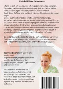 Buchbeschreibung über emotionale Überforderung, Verständnis und Selbstmitgefühl. Foto: Frau in grünem Pullover. Strichcode unten.