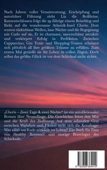 Ein Text beschreibt das Buch „Cheris – Zwei Tage & zwei Nächte“ über Neuanfänge, Hoffnung und das Schicksal. Hintergrund: Sonnenuntergang am Meer. Barcode unten rechts.