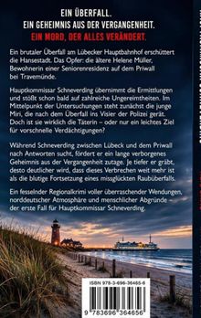 Text über einem Bild: "Ein Überfall. Ein Geheimnis aus der Vergangenheit. Ein Mord, der alles verändert." Küste mit Leuchtturm bei Sonnenuntergang.