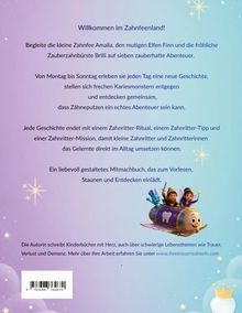 "Willkommen im Zahnfeenland! Begleite die kleine Zahnfee Amalia, den mutigen Elfen Finn und die fröhliche... Mitmachbuch einlädt." Drei Figuren auf einer fliegenden Zahnbürste.