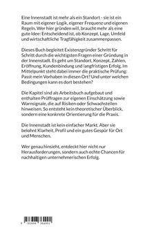 Text beschreibt, wie Buch Existenzgründer in der Innenstadt begleitet, mit Fokus auf Standort, Konzept, Erfolg. Barcode unten.