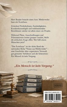 Text über ein Ärztehausprojekt und menschliche Hilfe. Unten stapeln sich Ordner und eine Box mit "Vorgang". Ein Stempel mit "Genehmigt".