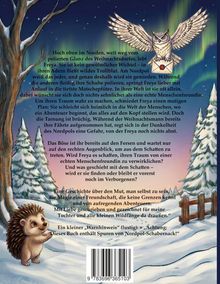 Nordlicht beleuchteter Himmel, schneebedeckte Landschaft, Eule mit Brief, Igel im Schnee, fantasievolle Winterillustration.
