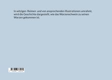 Text: "In witzigen Reimen und von ansprechenden Illustrationen umrahmt, wird die Geschichte dargestellt, wie das Warzenschwein zu seinen Warzen gekommen ist." Hintergrund: Hellblau.