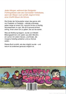 Oben orangefarbener Text über Kinder von Schaustellern. Unten ein Graffiti mit "WASEN SCHULE" und Zeichentrickfiguren.