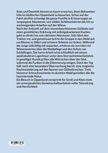 Text über Abenteuer im Oppenland, Waldarbeiten, Lagerfeuer und Nachtwanderung. Hellblauer Hintergrund.