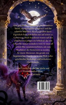 Text über eine griechische Vulkaninsel, einen Jungen und ein Abenteuer. Eule vor Vollmond, violetter Fuchs, antike Säulen.
