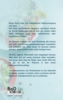 Texte über ein Buch zur einfachen Selbstversorgung mit Rezepten. Preisangaben: €24.99, CHF 35.50. Hintergrundbild: Salat.