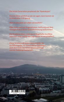 Texte über Apokalypse und Generationenkonflikte in Rot. Blick auf Stadt mit Bergen im Hintergrund, Barcode unten.