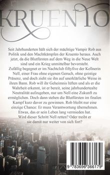 Titel: "Kruento". Text erzählt von Vampir Rob, der sich aus Kriegen heraushält, bis er Kellnerin Nell trifft. Hintergrund: Stadtansicht.
