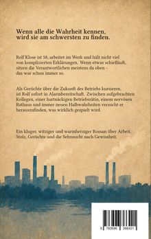 Coverrückseite mit Text über Rolf Klose, 58, und seine Herausforderungen im Werk. Illustration einer Skyline mit Fabriken.