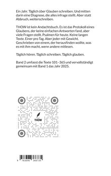 Text über Glauben und tägliches Schreiben. Hinweis auf Band 2 der Texte. QR-Code und Barcode vorhanden. Logo mit Feder.