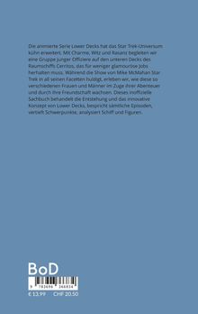 Ein Sachbuch über "Lower Decks", das Charaktere und Episoden der animierten Serie "Star Trek" analysiert. Blauer Hintergrund.