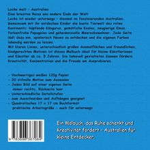 Text: "Locke malt - Australien", "Ein Malbuch, das Ruhe schenkt", "Kreativität fördert", "Australien für kleine Entdecker." Blauer Hintergrund.
