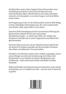Ein Text beschreibt Simon Pissarenkows Weg zum Koch, seine Konflikte und Entscheidungen zwischen Realität und Inszenierung. Darunter ist ein Barcode.