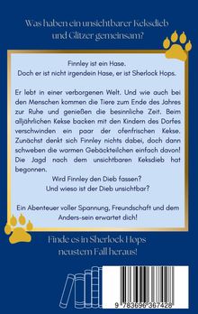 Ein blauer Hintergrund mit goldenen Tatzen. Text über einen unsichtbaren Keksdieb und Finley, einen hasenartigen Detektiv.