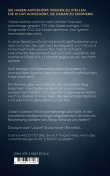 Ein Buchtext beschreibt eine Welt, in der KI den Alltag verändert, und fragt, ob dies Utopie oder Dystopie ist. ISBN: 978-3-6963-6746-6.