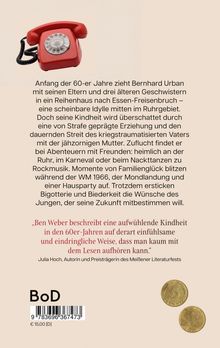 Ein rotes Wählscheibentelefon, Texte über Bernhard Urbans Kindheit in den 60ern, Lob von Julia Hoch, BoD-Logo unten.