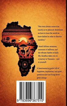 Zitat über Träume und Selbstentdeckung, Safari-Motive in Afrikas Umriss, sanfte Farben, Barcode unten.