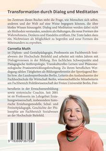 Titel: Transformation durch Dialog und Meditation. Text über Dialog und Mediation. Foto einer Frau mit grauen Haaren und orangefarbenem Rollkragenpullover.