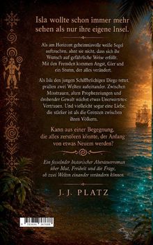 Text: "Isla wollte schon immer mehr sehen als nur ihre eigene Insel." Darunter eine Küstenszene bei Sonnenuntergang.