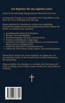 Beschreibung eines Gebetsbuches mit Themen wie Grundgebete, Rosenkränze und Psalmen. Unten ein Kreuzsymbol.