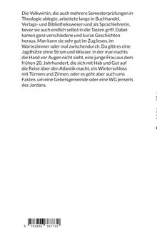 Text über eine Frau mit Theologiestudium, die in Verlagswesen arbeitet und verschiedene Geschichten schreibt. Darunter ein Barcode.