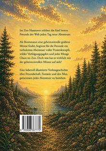 Text beschreibt ein Abenteuer im Zoo Hannover mit Freunden und einer geheimnisvollen Münze. Illustration: Sonnenuntergang über einem See, umgeben von Bergen und Bäumen.