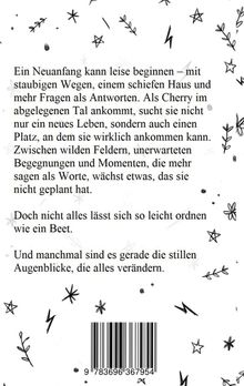 Der Text beschreibt einen leisen Neuanfang und unerwartete Momente. Umgeben von Sternen- und Pflanzenillustrationen.