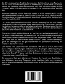 Ein Text beschreibt die Chronik von Johann Friedrich Marx, die Entwicklung eines Taunusdorfs und die Rolle des Bürgermeisters. Es werden historische Dokumente erwähnt, die nach dem Zweiten Weltkrieg geordnet und festgehalten wurden, um die Geschichte der Region zu dokumentieren. Ein Dank ergeht an den Heimat- und Geschichtsverein Schloßborn 1999 e.V. und andere Unterstützer. Unten ist ein Barcode sichtbar.