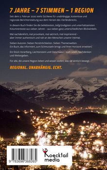 "7 Jahre – 7 Stimmen – 1 Region" Text über regionales Buch. Voralpenlandschaft mit Feuerwerk, Logo von Kœcktail media.