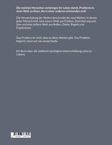 Weißer Text auf grauem Hintergrund. Beschreibt zwei Welten: eine innere (Erleben) und eine äußere (Ziele). ISBN-Barcode unten.