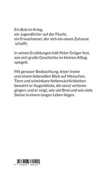 Text beschreibt Peter Grügers Erzählungen über Krieg, Flucht und Neuanfänge. Beobachtung, Ironie und Alltag im Fokus. Darunter Barcode.