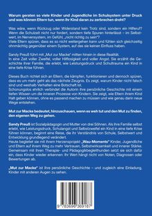 Ein blaues Cover mit Text über Schulstress. Titel: „Mut zur Macke“. Autorin: Sandy Preuß. Thema: Kindliche Belastung im Schulsystem. Barcode unten.