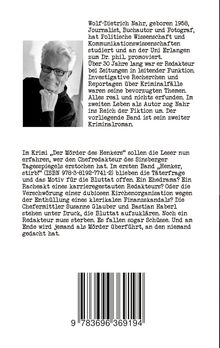 Wolf-Dietrich Nahr, 1958 geboren, Journalist, Buchautor, promovierter Politikwissenschaftler, schrieb zweiten Kriminalroman. Es gibt ein Schwarz-Weiß-Porträt eines älteren Mannes mit Brille und weißem Haar, der den Kopf auf eine Hand stützt. Darunter ein Text über seinen neuesten Krimi "Der Mörder des Henkers" und ein Barcode.