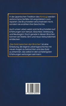 Texte erklären die japanische Kunst Kintsugi und vergleichen Bruchstellen im Leben mit vergoldeten Reparaturen. Ein Barcode befindet sich unten.