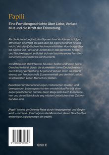 "Papili. Eine Familiengeschichte über Liebe, Verlust, Mut und die Kraft der Erinnerung." Text auf dunkelblauem Hintergrund.