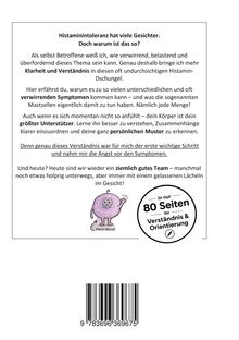 Text erklärt Histaminintoleranz. Illustration zeigt eine lächelnde Zelle mit Armen und Beinen, daneben runder Button.