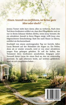 Text: "Einen Anwalt zu entführen, ist keine gute Idee oder doch?". Unten: Garten mit Hängematte, Bäume, Hausfassade.